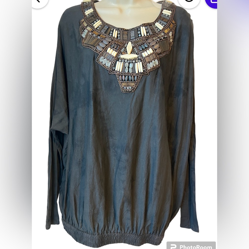 All Saints Spitalfields Hand Embellished Beading Black Soft Cotton Blouse Size 8